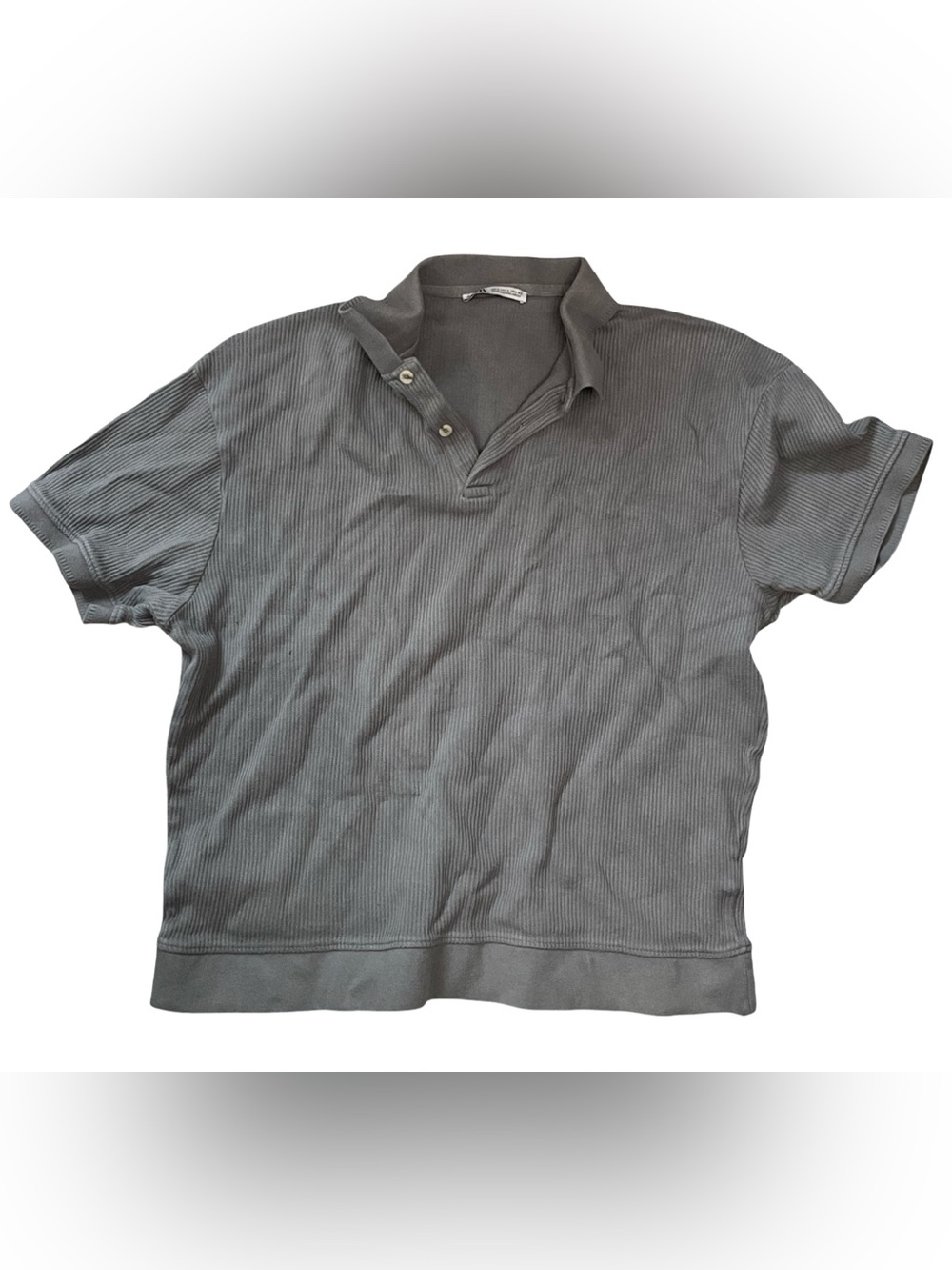 Zara Ribbed Knit Polo Top Gray Short Sleeve Size L